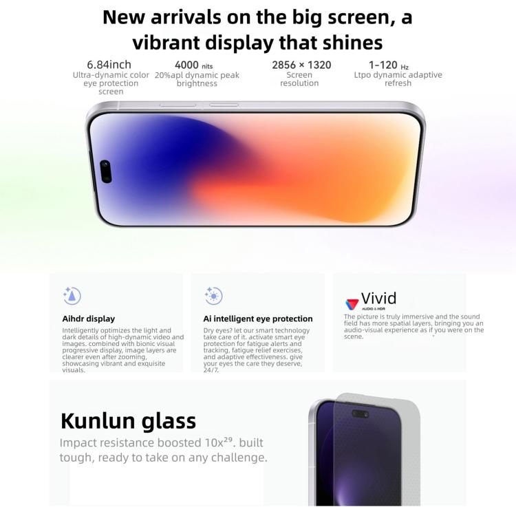 Huawei nova 15 Pro، زجاج كونلون، 12 جيجابايت + 256 جيجابايت، التعرف على بصمة جانبية، 6.84 بوصة HarmonyOS 6.0 Kirin 9010S ثماني النواة، NFC، OTG، لا يدعم Google Play، زجاج كونلون، 12 جيجابايت + 256 جيجابايت