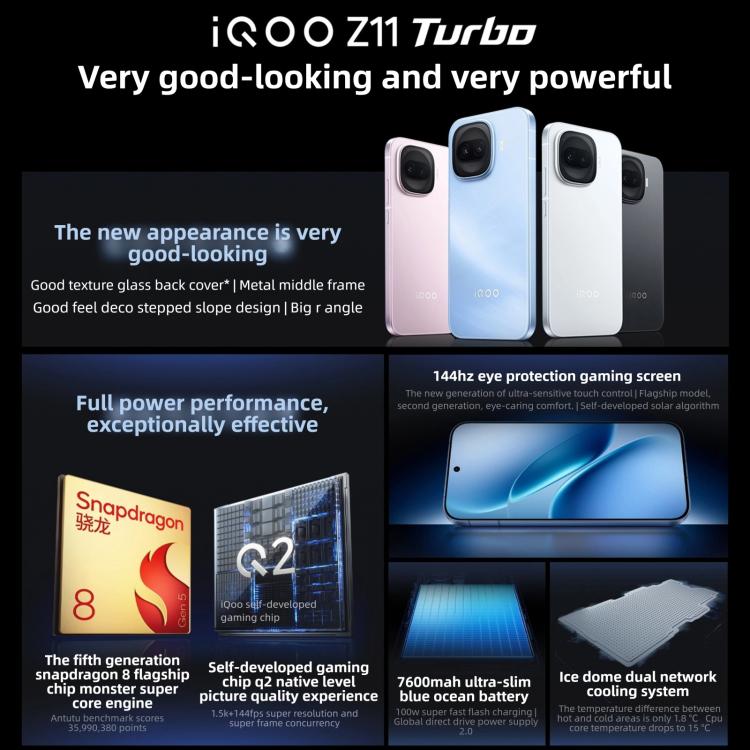 فيفو iQOO Z11 Turbo، 12GB+512GB، بصمة ثلاثية الأبعاد بالموجات فوق الصوتية، شاشة 6.59 بوصة أندرويد 16 OriginOS 6 سناب دراجون 8 الجيل الخامس ثماني النواة، OTG، NFC، شبكة: 5G، 12GB+512GB