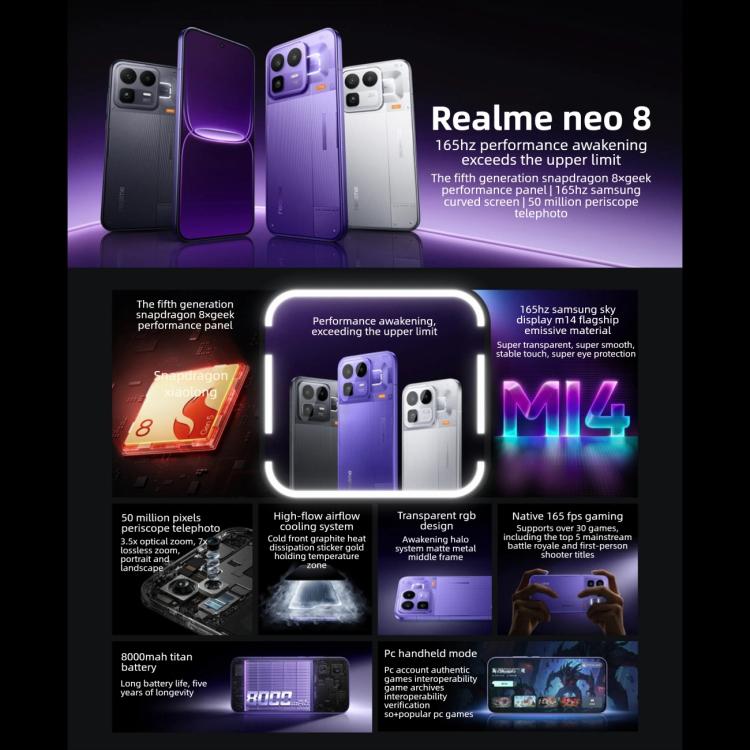 ريلمي نيو8، 16 جيجابايت+512 جيجابايت، بصمة شاشة بالموجات فوق الصوتية، شاشة 6.78 بوصة Realme UI 7.0، Snapdragon 8 Gen 5 ثماني النواة، OTG، NFC، شبكة: 5G، 16 جيجابايت+512 جيجابايت