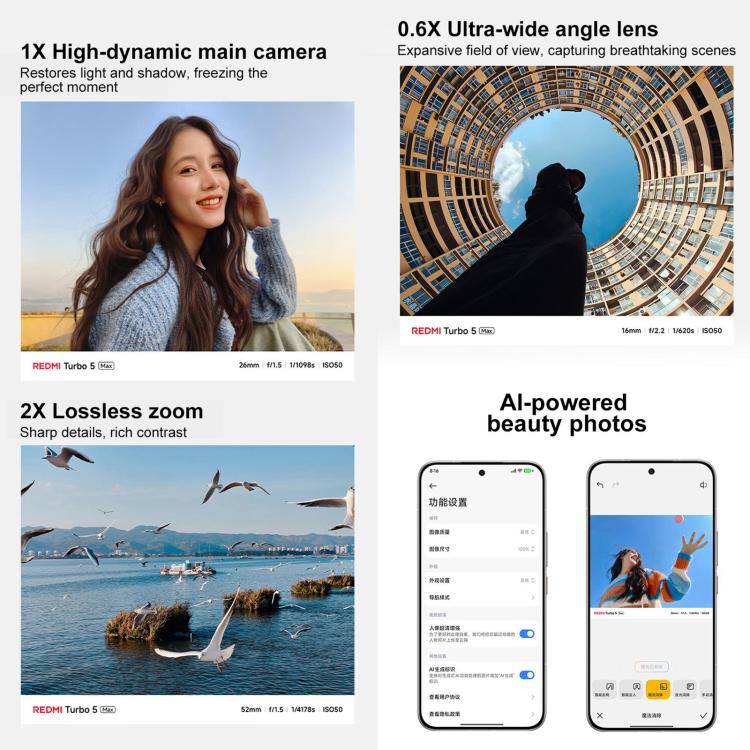 شاومي REDMI Turbo 5 Max، 16GB+256GB، شاشة 6.83 بوصة، Xiaomi HyperOS 3، Dimensity 9500s ثماني النواة، NFC، شبكة: 5G، 16GB+256GB