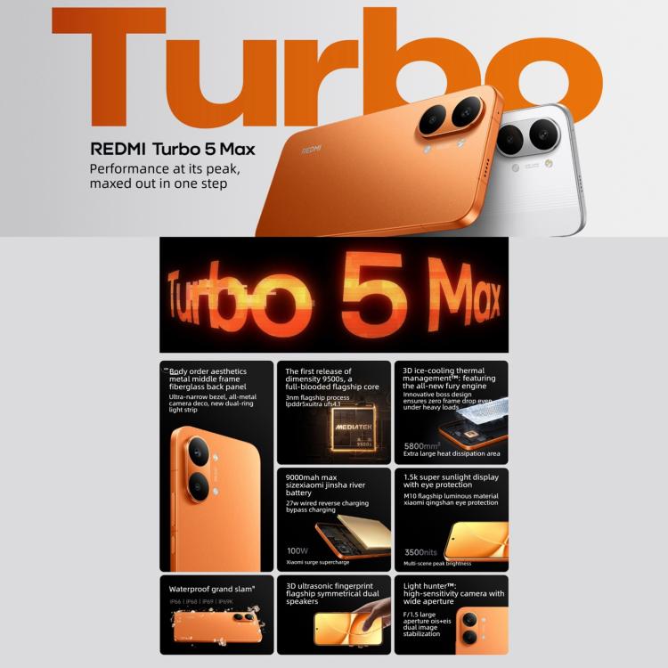 شاومي ريدمي توربو 5 ماكس، 16 جيجابايت + 1 تيرابايت، شاشة 6.83 بوصة، شاومي HyperOS 3، Dimensity 9500s ثماني النواة، NFC، شبكة: 5G، 16 جيجابايت + 1 تيرابايت