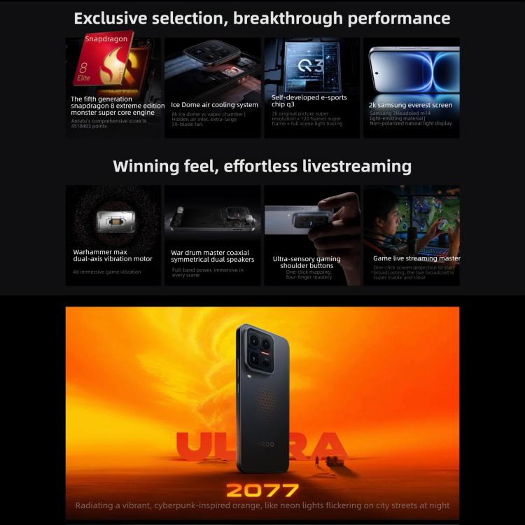فيفو iQOO 15 ألترا، 16GB+1TB، بصمة ثلاثية الأبعاد بالموجات فوق الصوتية، شاشة 6.85 بوصة أندرويد 16 OriginOS 6 سنابدراجون 8 إيليت الجيل 5 ثماني النواة، OTG، NFC، شبكة: 5G، دعم جوجل بلاي، 16GB+1TB