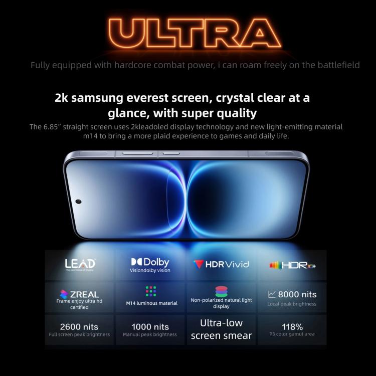 فيفو iQOO 15 ألترا، 24GB+1TB، بصمة ثلاثية الأبعاد بالموجات فوق الصوتية، شاشة 6.85 بوصة أندرويد 16 OriginOS 6 سنابدراجون 8 إيليت الجيل 5 ثماني النواة، OTG، NFC، شبكة: 5G، دعم جوجل بلاي، 24GB+1TB