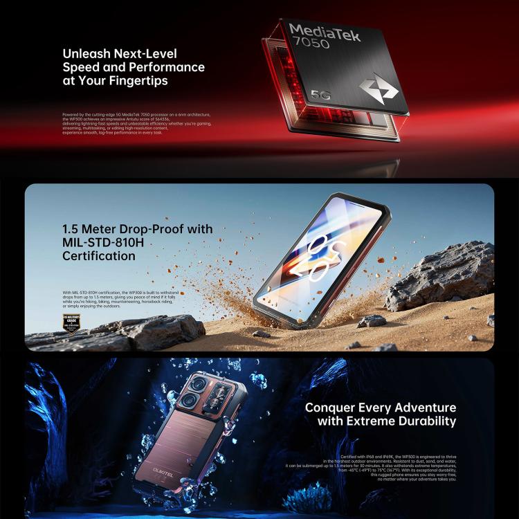 هاتف أوكيتيل WP300 المتين مع ساعة، 12GB+512GB، شاشة 6.8 بوصة، أندرويد 15، ميدياتيك Dimensity 7050 ثماني النواة، NFC، OTG، شبكة: 5G