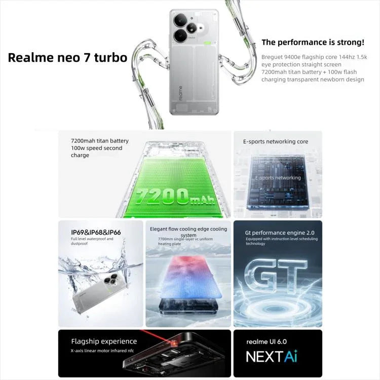 ريلمي نيو7 توربو، 12GB+256GB، شاشة 6.8 بوصة، أندرويد 15 / ريلمي UI 6.0، ميدياتيك Dimensity 9400e ثماني النواة، NFC، شبكة: 5G، دعم جوجل بلاي، 16GB+256GB