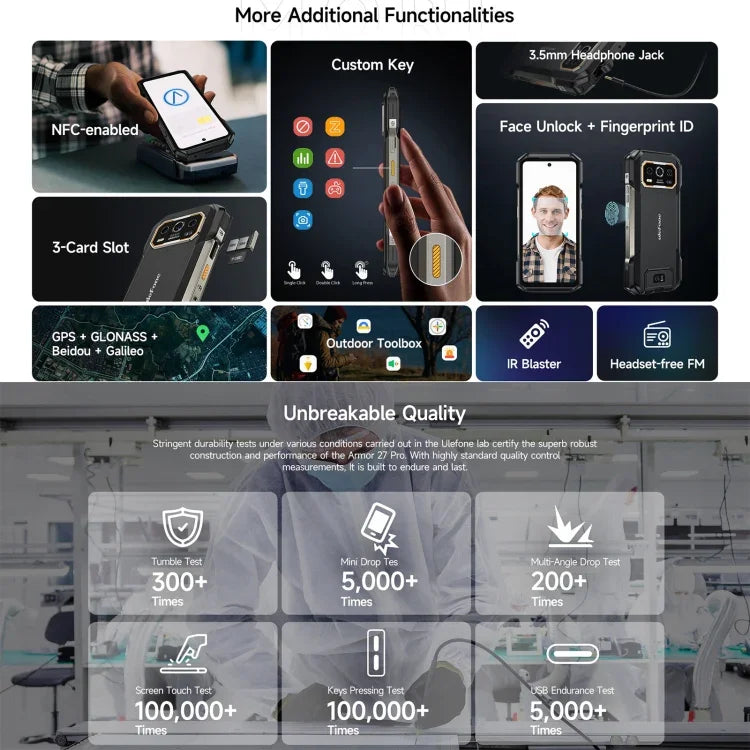 هاتف Ulefone Armor 27 Pro المتين، 12GB+256GB، رؤية ليلية، بطارية 10600mAh، شاشة 6.78 بوصة أندرويد 14 معالج MediaTek Dimensity 6300 ثماني النواة، شبكة: 5G، NFC، Armor 27 Pro