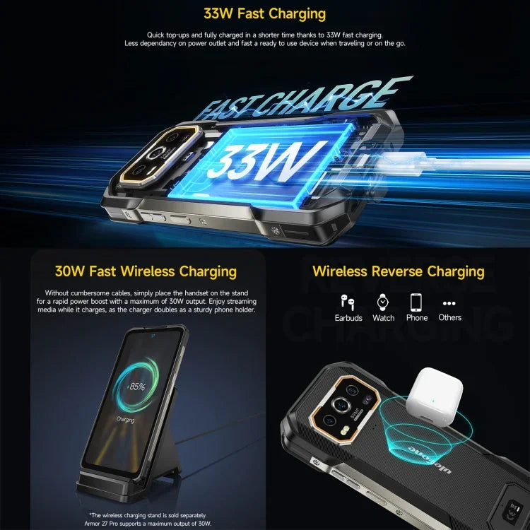 هاتف Ulefone Armor 27 Pro المتين، 12GB+256GB، رؤية ليلية، بطارية 10600mAh، شاشة 6.78 بوصة أندرويد 14 معالج MediaTek Dimensity 6300 ثماني النواة، شبكة: 5G، NFC، Armor 27 Pro