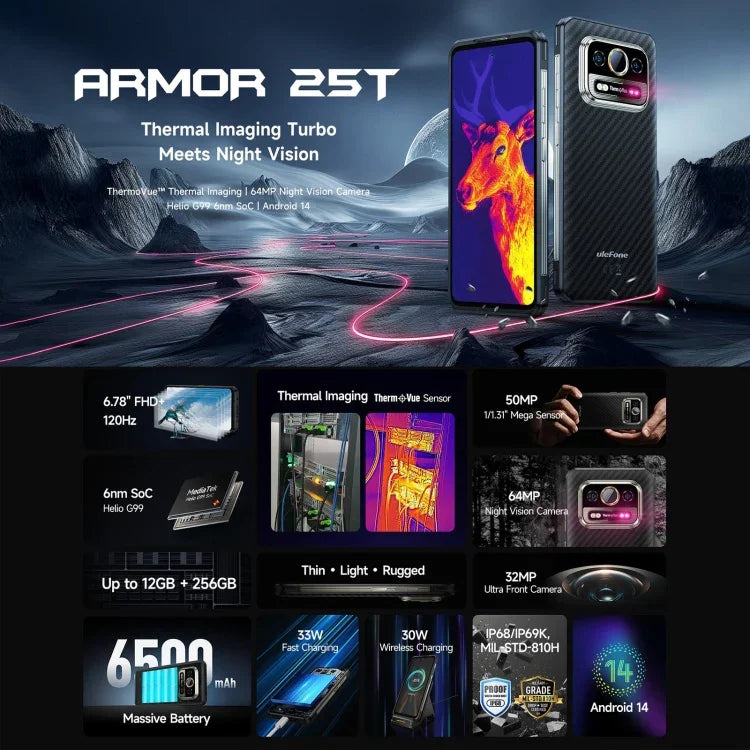 هاتف Ulefone Armor 25T المتين، 6GB+256GB، تصوير حراري، شاشة 6.78 بوصة أندرويد 14 معالج MediaTek Helio G99 ثماني النواة، شبكة: 4G، NFC، OTG، Armor 25T