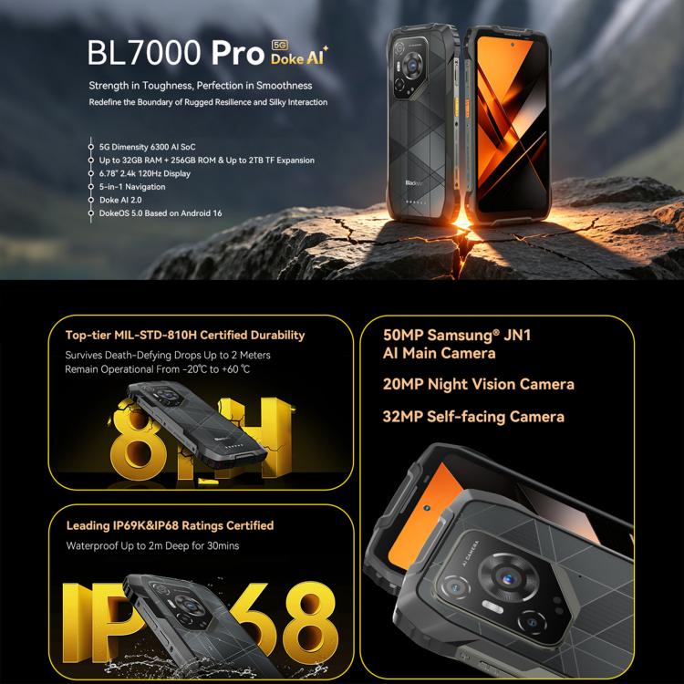 Blackview BL7000 Rugged Phone, 8GB+256GB, 6.78 inch Android 15 MediaTek Dimensity 6300 Octa Core, Network: 5G, NFC, OTG, 8GB+256GB
