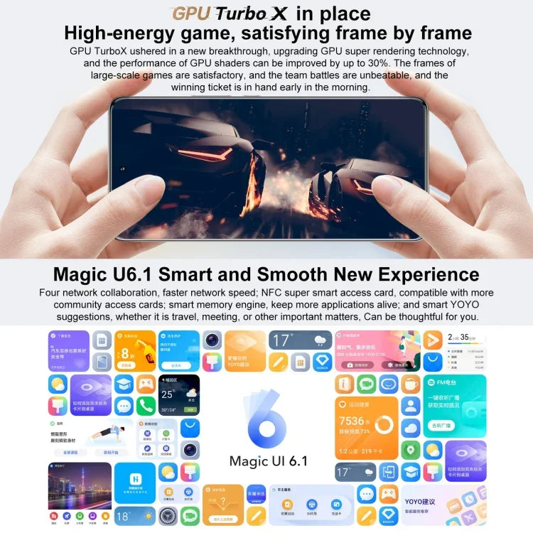 كاميرات خلفية ثلاثية، التعرف على بصمة الإصبع على الشاشة، شاشة 6.78 بوصة Magic UI 6.1، Dimensity 9000 ثماني النواة حتى 3.05GHz، شبكة: 5G، OTG، NFC، لا يدعم جوجل بلاي، Honor 70 Pro+ 5G 8GB+256GB