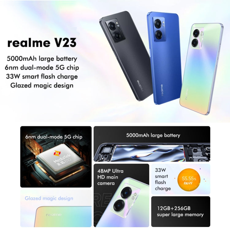 كاميرتان خلفيتان، التعرف على بصمة الإصبع من الجانب، بطارية 5000mAh، شاشة 6.58 بوصة Realme UI 3.0 / أندرويد 12، MediaTek Dimensity 810 ثماني النواة حتى 2.4GHz، شبكة: 5G، دعم جوجل بلاي، 12GB+256GB