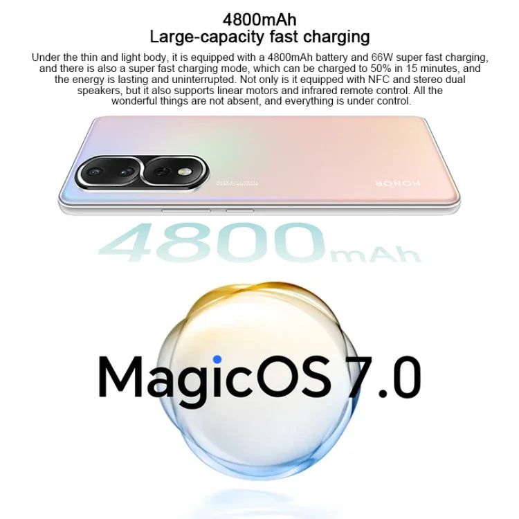 كاميرات خلفية ثلاثية، التعرف على بصمة الإصبع على الشاشة، شاشة 6.67 بوصة Magic UI 7.0 مع معالج كوالكوم سنابدراجون 8+ Gen1 ثماني النواة بسرعة تصل إلى 3.0 جيجاهرتز، شبكة: 5G، OTG، NFC، لا يدعم جوجل بلاي، Honor 80 Pro Flat 5G، 12GB+256GB