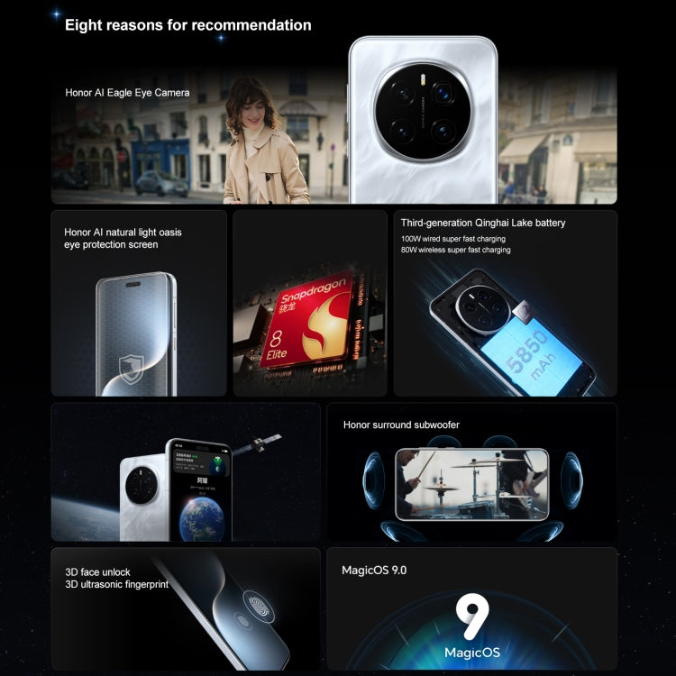 هاتف Honor Magic7 Pro، 16GB+512GB، بصمة شاشة، شاشة 6.8 بوصة، MagicOS 9.0 / أندرويد 15، معالج Snapdragon 8 Elite 3nm ثماني النواة، شبكة 5G، NFC، OTG، لا يدعم Google Play، 16GB+512GB