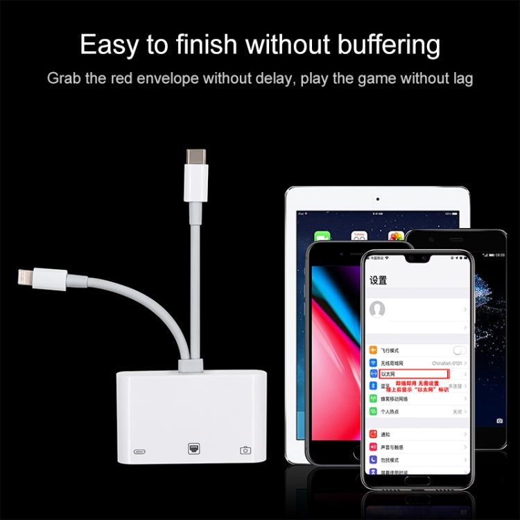 محول NK-107 Pro 3 في 1 USB-C / Type-C + 8 دبابيس ذكر إلى USB + RJ45 + 8 دبابيس شحن أنثى، NK-107 Pro