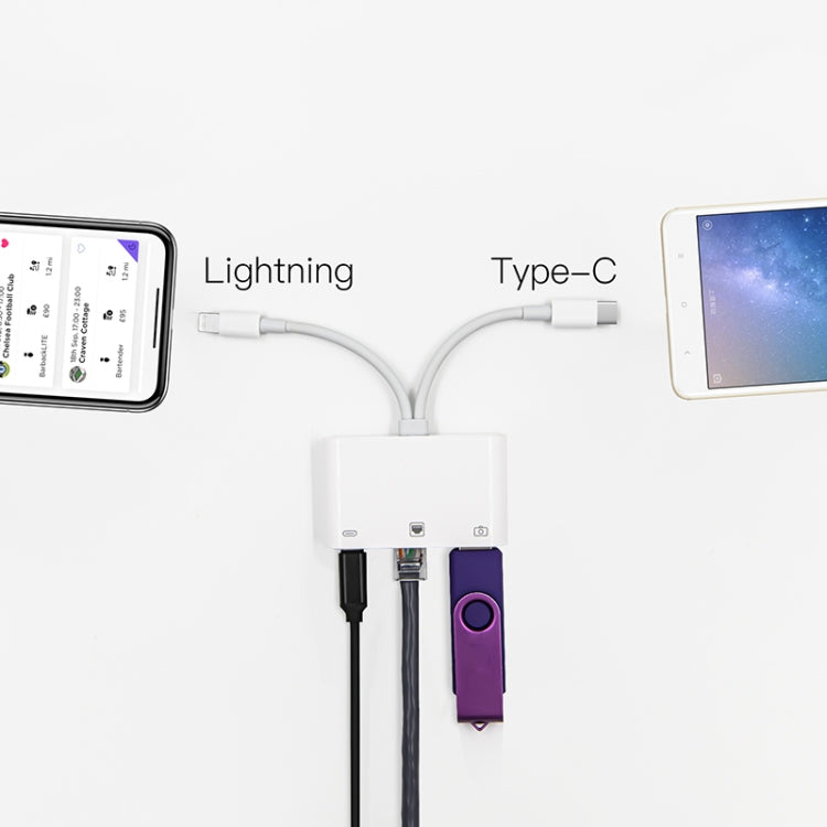 محول NK-107 Pro 3 في 1 USB-C / Type-C + 8 دبابيس ذكر إلى USB + RJ45 + 8 دبابيس شحن أنثى، NK-107 Pro