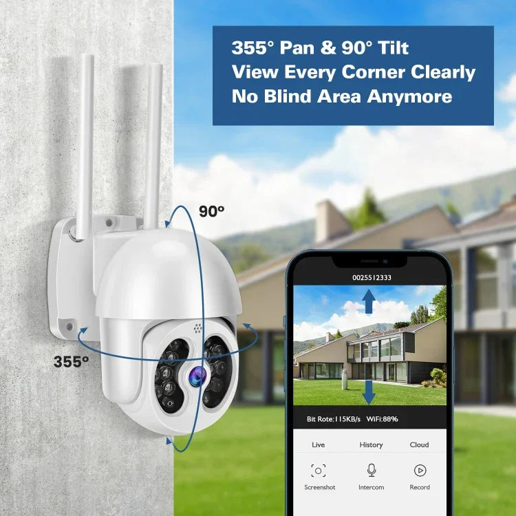 كاميرا IP لاسلكية مقاومة للماء Tuya QX56 بدقة 3.0 مليون بكسل IP66 2.4G، تدعم Amazon Alexa وGoogle Home وكشف الحركة والصوت ثنائي الاتجاه والرؤية الليلية الملونة الكاملة وبطاقة TF، قابس أوروبي، تدعم Amazon Alexa وGoogle Home