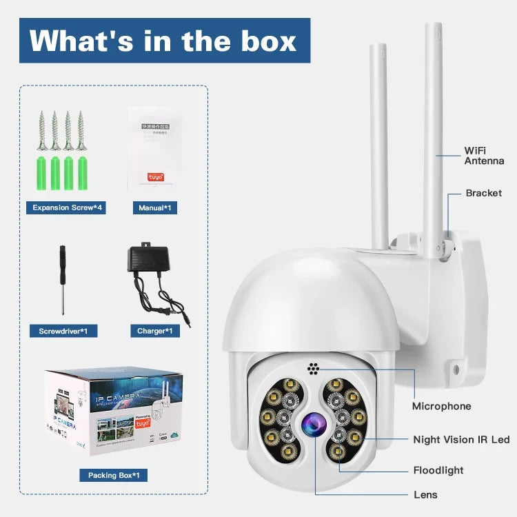 كاميرا IP لاسلكية مقاومة للماء Tuya QX56 بدقة 3.0 مليون بكسل IP66 2.4G، تدعم Amazon Alexa وGoogle Home وكشف الحركة والصوت ثنائي الاتجاه والرؤية الليلية الملونة الكاملة وبطاقة TF، قابس أوروبي، تدعم Amazon Alexa وGoogle Home
