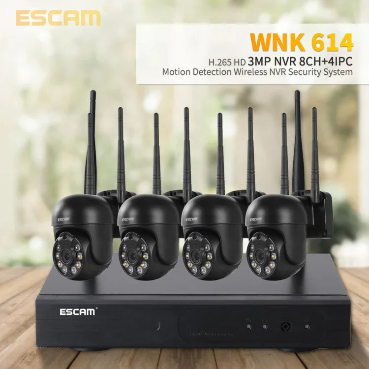 نظام أمان NVR لاسلكي ESCAM WNK614 بدقة 3.0 مليون بكسل مع 8 قنوات لاسلكية + 4 كاميرات IPC، قابس أسترالي، WNK614