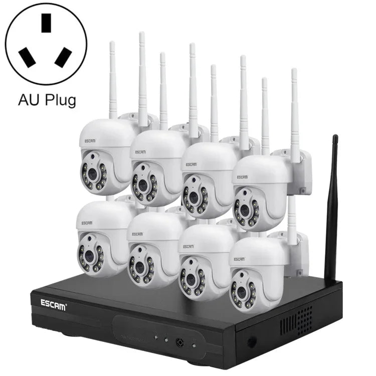 نظام أمان NVR لاسلكي ESCAM WNK718 بدقة 3.0 مليون بكسل مع 8 قنوات لاسلكية + 8 كاميرات IPC، قابس بريطاني، WNK718