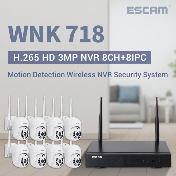 نظام أمان NVR لاسلكي ESCAM WNK718 بدقة 3.0 مليون بكسل مع 8 قنوات لاسلكية + 8 كاميرات IPC، قابس بريطاني، WNK718