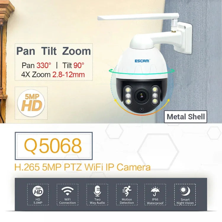 كاميرا IP مقاومة للماء ESCAM Q5068 بدقة 5 ميجابكسل H.265 مع تحريك وإمالة وزوم 4X، دعم ONVIF، مكالمة ثنائية الاتجاه ورؤية ليلية، قابس أسترالي، قابس بريطاني، قابس أمريكي، قابس أوروبي، قابس أسترالي