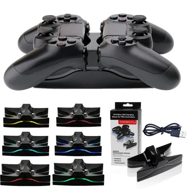 قاعدة شحن USB مزدوجة بشكل UFO خاص / حامل شحن جهاز التحكم لأجهزة PS4 بلايستيشن 4 مع أضواء LED متعددة الألوان، لـ PS