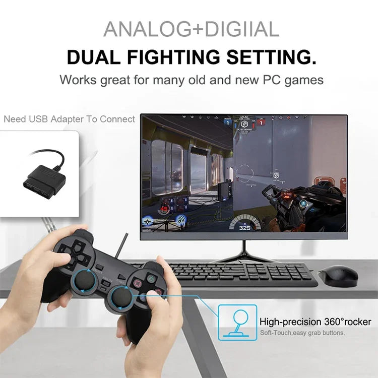 مقبض تحكم ألعاب سلكي مزدوج الاهتزاز لجهاز PS2