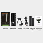 ضوء أمامي للدراجة قابلة للشحن عبر USB BX2، مصباح LED على المقود (3 ساعات، مصابيح L2)، 3 ساعات، مصابيح L2
