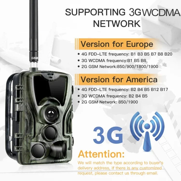 كاميرا تتبع صيد أمنية مزودة برؤية ليلية بالأشعة تحت الحمراء مقاومة للماء IP66 مع دعم 3G WCDMA وزاوية PIR 120 درجة، HC801G 3G WCDMA