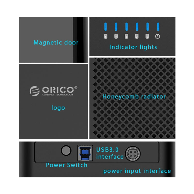 حاوية أقراص صلبة ORICO DS500U3 مقاس 3.5 بوصة بخمسة فتحات نوع مغناطيسي مع مؤشر LED أزرق، USB 3.0