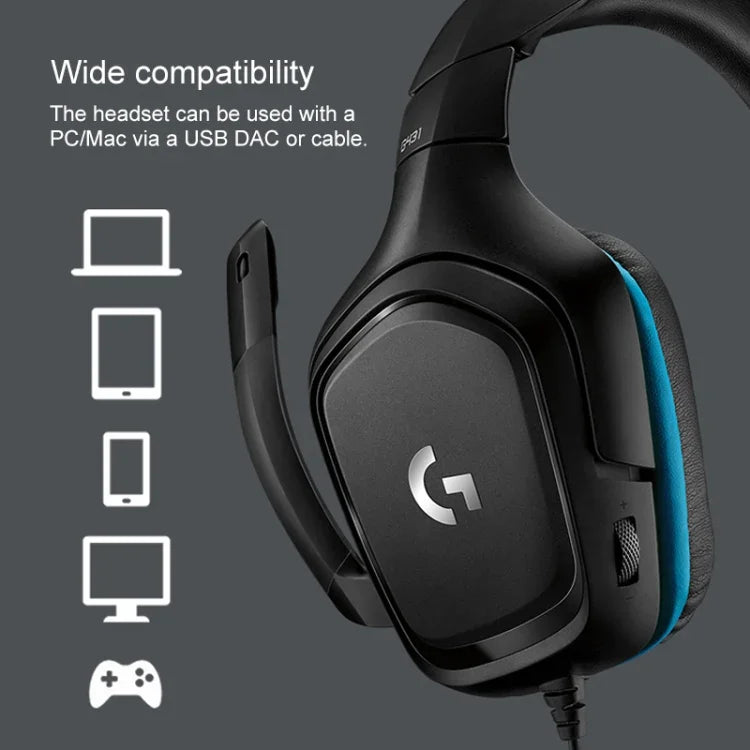 سماعة رأس للألعاب Logitech G431 بصوت محيطي Dolby 7.1 ستيريو قابلة للطي مع تقليل الضوضاء للمنافسات، G431
