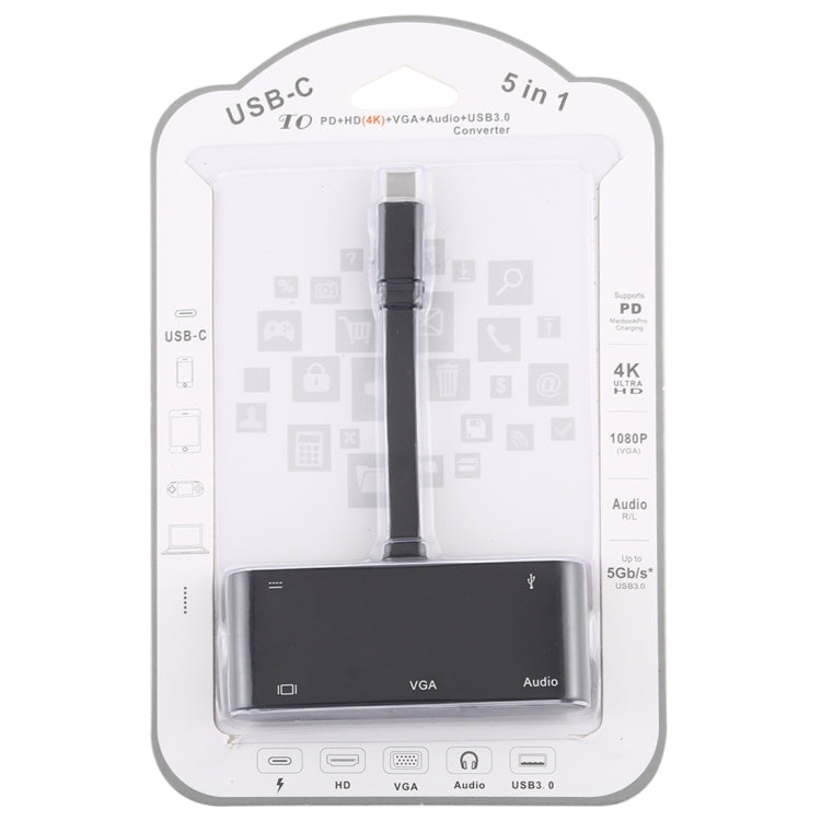 محول V126 UCB-C / Type-C ذكر إلى PD + HDMI + VGA + صوت + USB 3.0 أنثى 5 في 1، 5 في 1