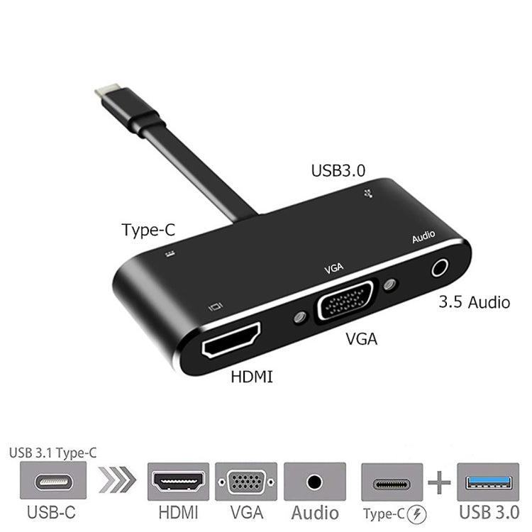 محول V126 UCB-C / Type-C ذكر إلى PD + HDMI + VGA + صوت + USB 3.0 أنثى 5 في 1، 5 في 1