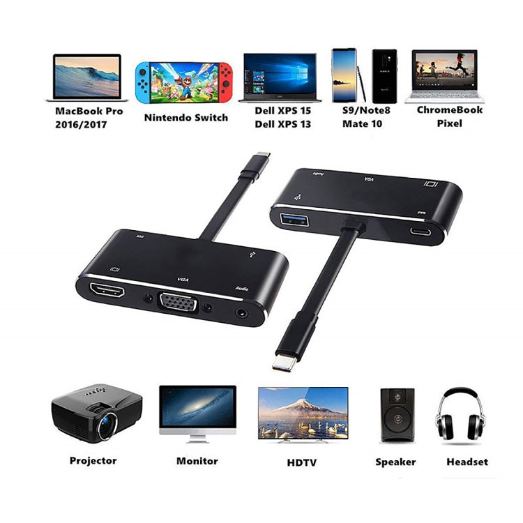محول V126 UCB-C / Type-C ذكر إلى PD + HDMI + VGA + صوت + USB 3.0 أنثى 5 في 1، 5 في 1