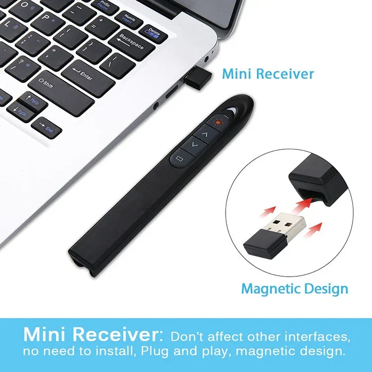 XM930 قلم تحويل صفحات باوربوينت لاسلكي بتردد 2.4 جيجاهرتز مع مؤشر ليزر، جهاز استقبال USB، دعم تنبيه البطارية المنخفضة، مسافة التحكم: 100م، 100م أبيض، 100م أسود