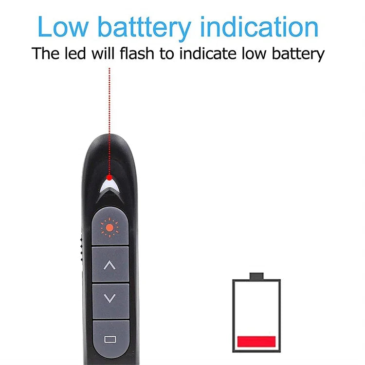 XM930 قلم تحويل صفحات باوربوينت لاسلكي بتردد 2.4 جيجاهرتز مع مؤشر ليزر، جهاز استقبال USB، دعم تنبيه البطارية المنخفضة، مسافة التحكم: 100م، 100م أبيض، 100م أسود
