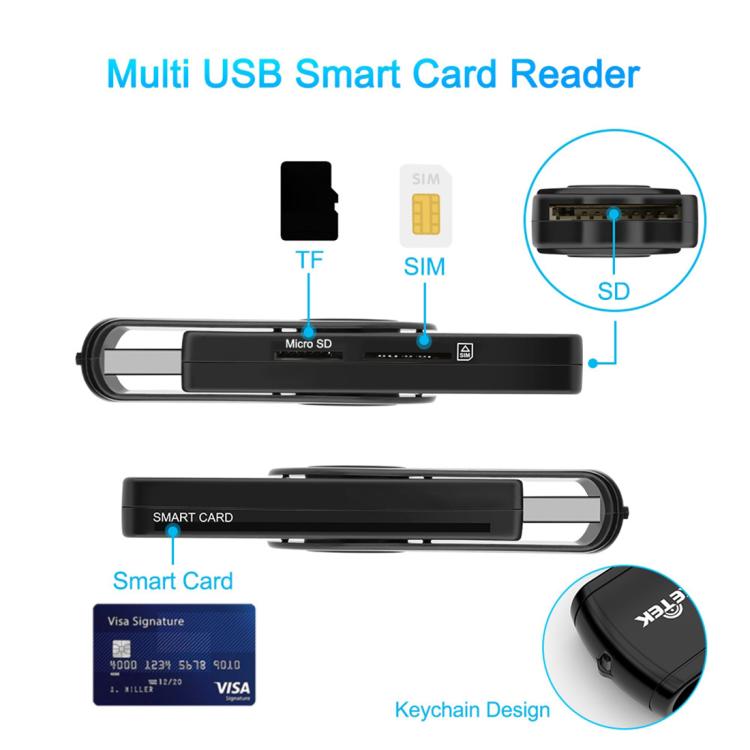 قارئ بطاقات متعدد الوظائف ROCKETEK CR310 USB 3.0 + بطاقة TF + بطاقة SD + بطاقة SIM + بطاقة ذكية، USB 3.0