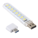 8LEDs 5V 200LM USB LED Book Light Portable Night Light, with Type-C Adapter, with Type-C Adapter