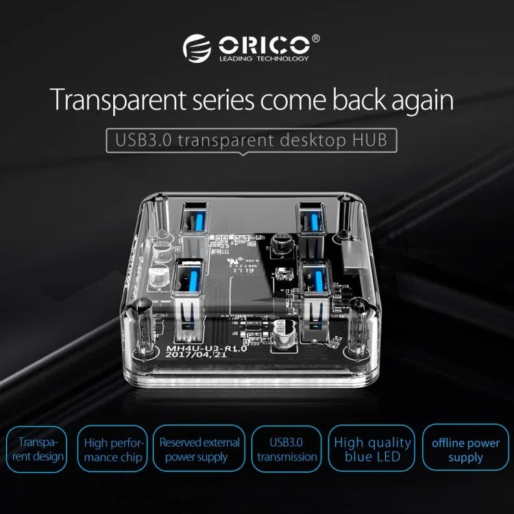 ORICO MH4U-100 موزع USB 3.0 شفاف مكتبي مع كابل مايكرو USB بطول 100 سم، MH4U-100
