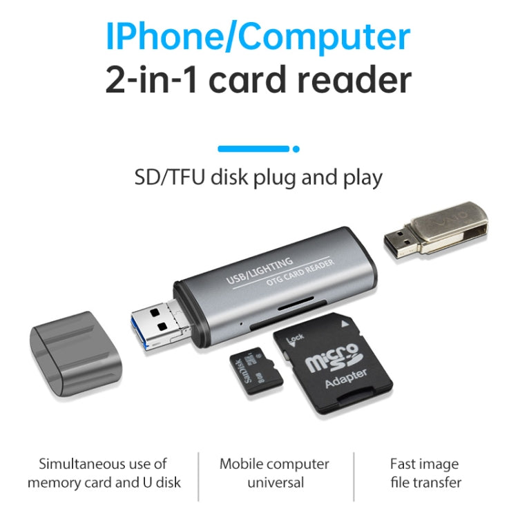 قرص فلاش USB 2 في 1 + قارئ بطاقة ذاكرة OTG بواجهات USB و 8 دبابيس لنظام IOS للهاتف المحمول / الكمبيوتر 118