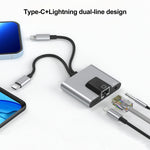 محول 3 في 1 NK-1056Pro من 8 دبابيس + USB-C / Type-C ذكر إلى 8 دبابيس شحن + إيثرنت + سماعة أذن 3.5 مم أنثى، NK-1056Pro