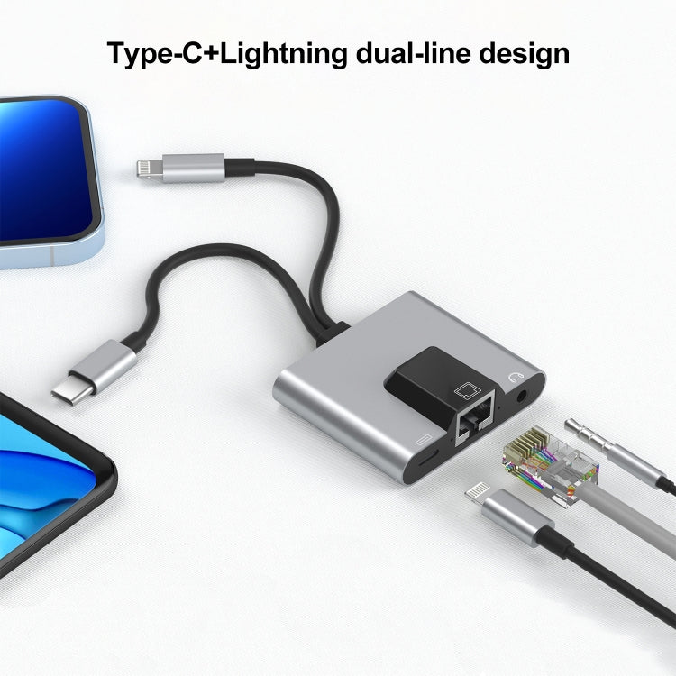 محول 3 في 1 NK-1056Pro من 8 دبابيس + USB-C / Type-C ذكر إلى 8 دبابيس شحن + إيثرنت + سماعة أذن 3.5 مم أنثى، NK-1056Pro