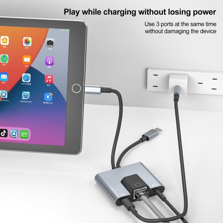محول 3 في 1 NK-1056Pro من 8 دبابيس + USB-C / Type-C ذكر إلى 8 دبابيس شحن + إيثرنت + سماعة أذن 3.5 مم أنثى، NK-1056Pro