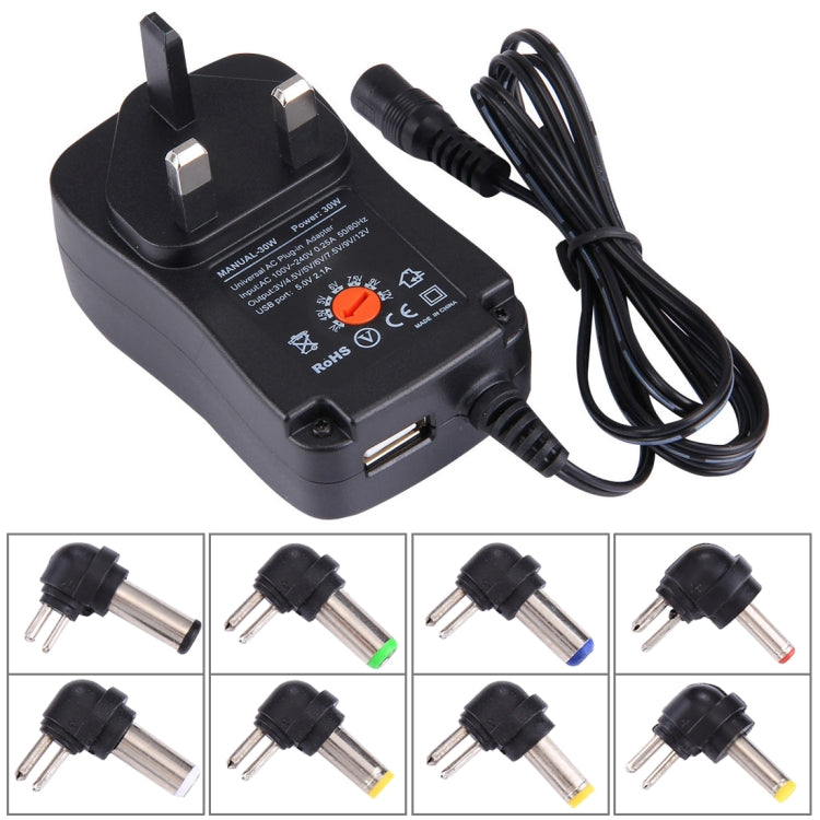 محول طاقة جداري عالمي بوصلة UK بقوة 30 واط مع منفذ USB 5V 2.1A، نصائح: 8 قطع، طول الكابل: حوالي 1.2 متر، بوصلة UK