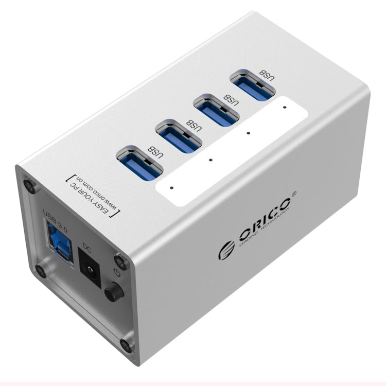 موزع USB 3.0 عالي السرعة من ORICO A3H4 بأربعة منافذ من الألمنيوم مع مزود طاقة 12V/2.5A لأجهزة اللابتوب، 4 منافذ (فضي)