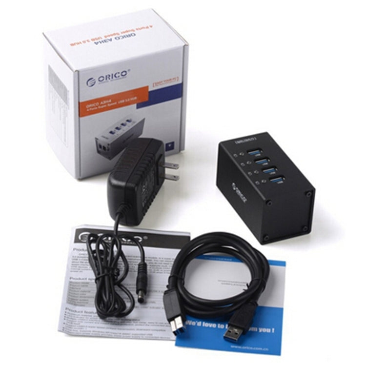 موزع USB 3.0 عالي السرعة من ORICO A3H4 بأربعة منافذ من الألمنيوم مع مزود طاقة 12V/2.5A لأجهزة اللابتوب، 4 منافذ (فضي)