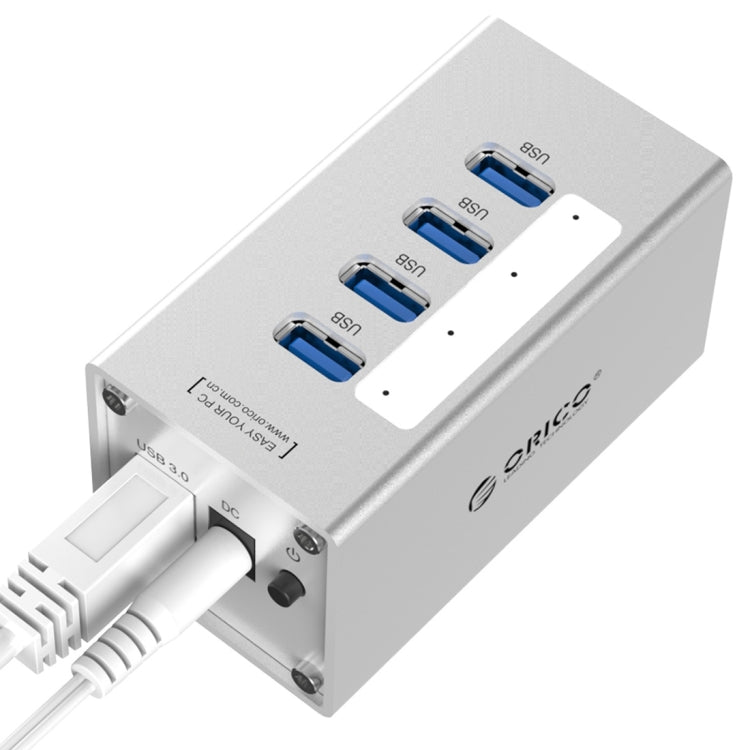 موزع USB 3.0 عالي السرعة من ORICO A3H4 بأربعة منافذ من الألمنيوم مع مزود طاقة 12V/2.5A لأجهزة اللابتوب، 4 منافذ (فضي)