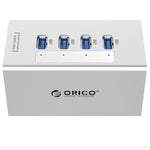 موزع USB 3.0 عالي السرعة من ORICO A3H4 بأربعة منافذ من الألمنيوم مع مزود طاقة 12V/2.5A لأجهزة اللابتوب، 4 منافذ (فضي)