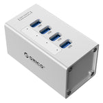 موزع USB 3.0 عالي السرعة من ORICO A3H4 بأربعة منافذ من الألمنيوم مع مزود طاقة 12V/2.5A لأجهزة اللابتوب، 4 منافذ (فضي)