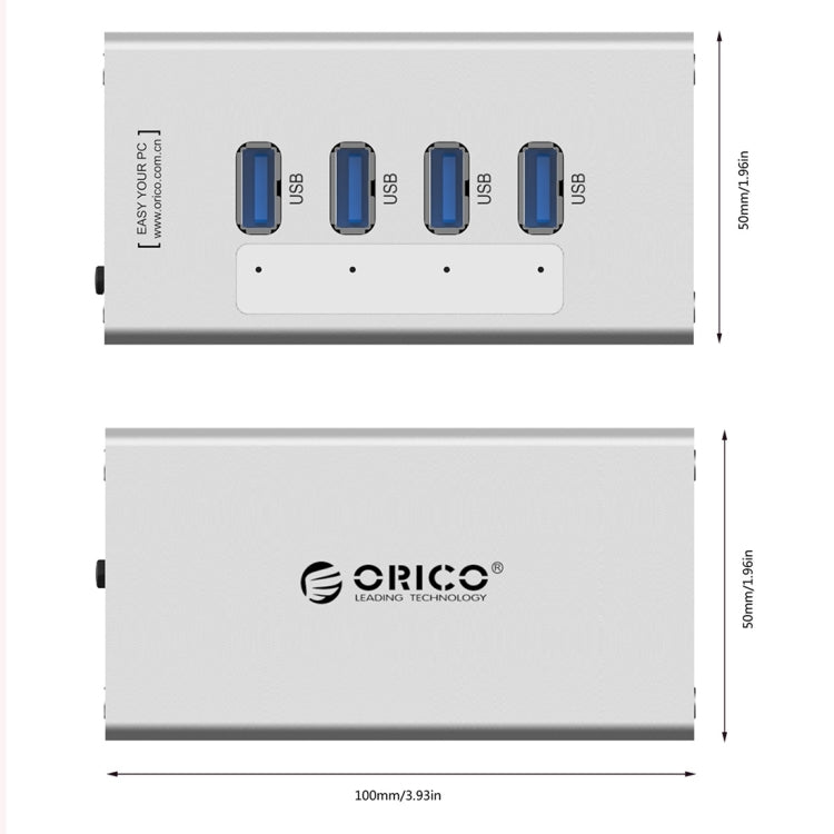 موزع USB 3.0 عالي السرعة من ORICO A3H4 بأربعة منافذ من الألمنيوم مع مزود طاقة 12V/2.5A لأجهزة اللابتوب، 4 منافذ (فضي)